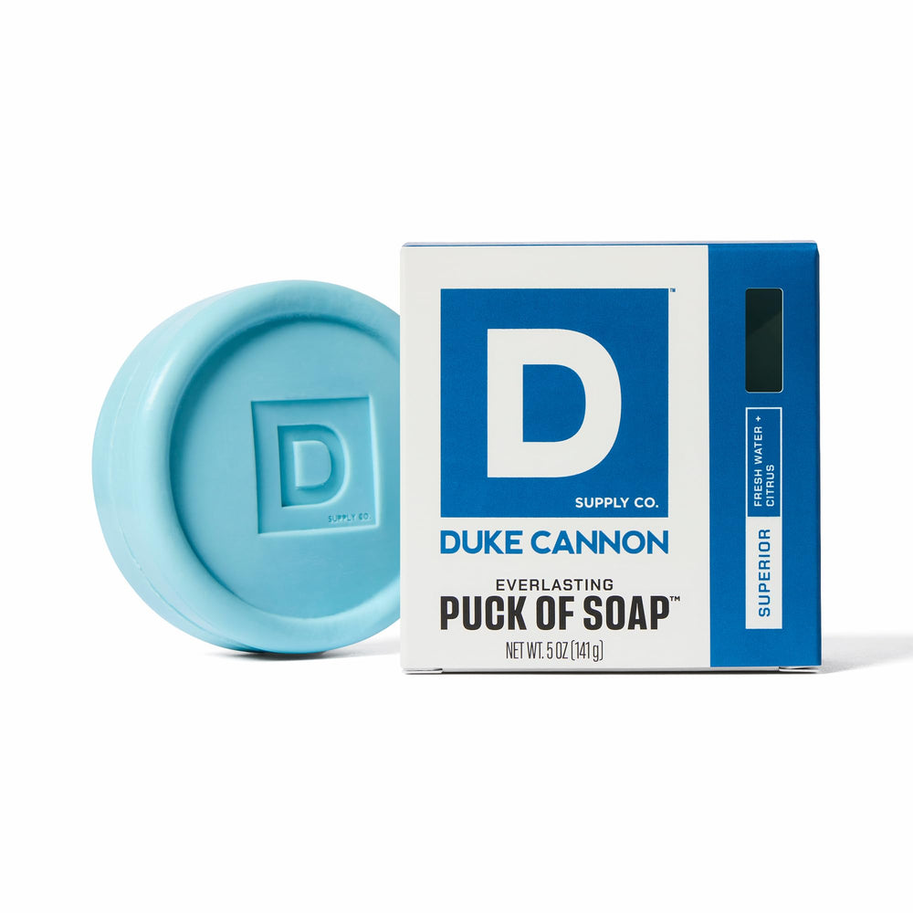Duke Cannon Bar Soap Puck round shape delivers long-lasting cleansing and a robust lather.