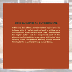 duke cannon big american bourbon soap bar close-up reveals charred oak scent and woodsy aroma.