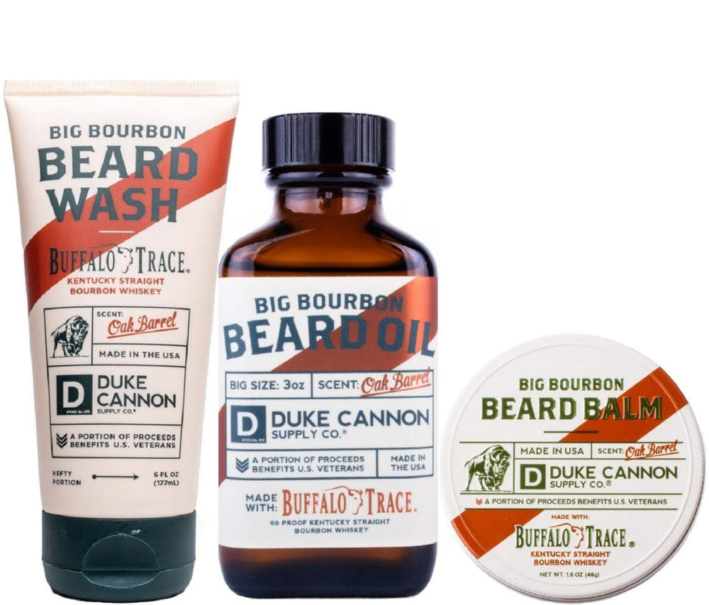 Duke Cannon Big Bourbon Beard Wash bottle with oak scent for clean, refreshed beard.
