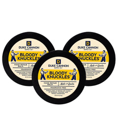 Duke Cannon Bloody Knuckles balm jar showing unscented formula for dry hands