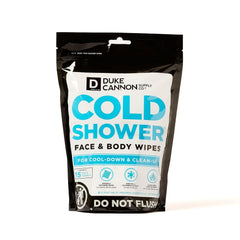 Duke Cannon Cold Shower Towels pack back highlights 15 individually wrapped wipes for on the go