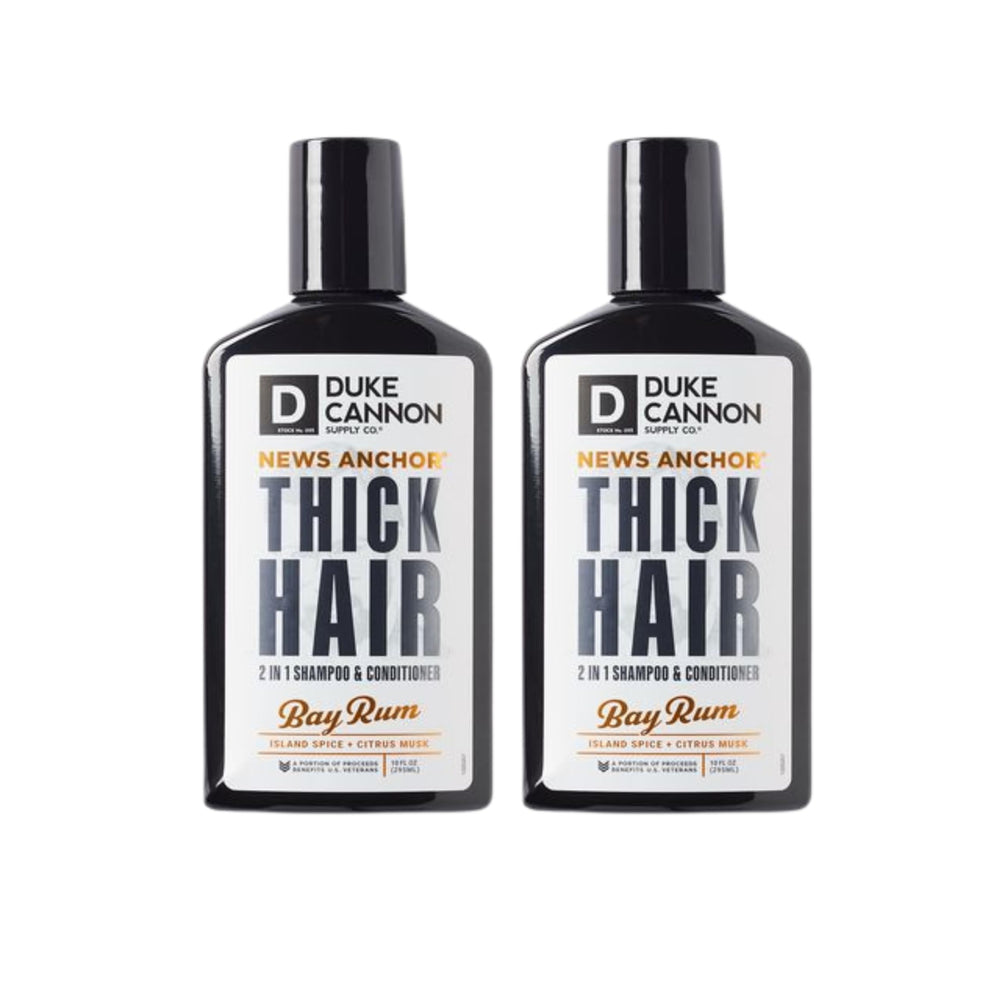 Duke Cannon News Anchor Bay Rum 2-in-1 bottle for refreshed hair daily.