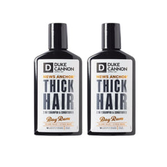 Duke Cannon News Anchor Bay Rum 2-in-1 bottle for refreshed hair daily.
