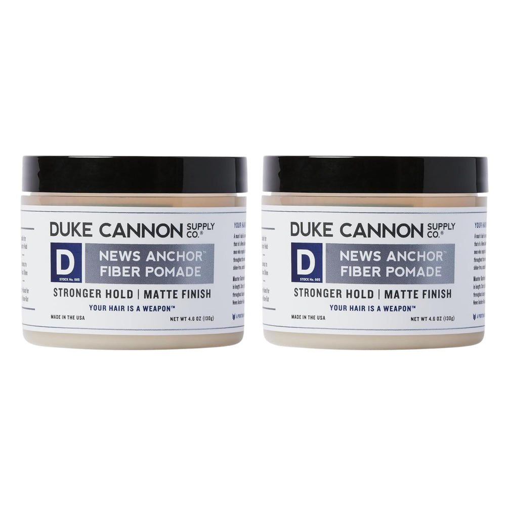 Duke Cannon News Anchor Fiber Pomade two-pack bottles for easy on-the-go styling with all-day hold