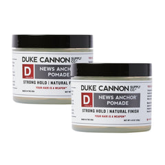Duke Cannon News Anchor Pomade pack-two-tubes close-up labels help quick selection for daily styling.