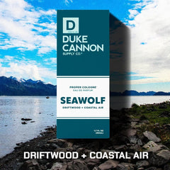 Duke Cannon Seawolf bottle on wood conveys rugged outdoor appeal.