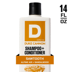 Duke Cannon Sawtooth 2-in-1 Hair Wash with menthol communicates cooling scalp sensation.