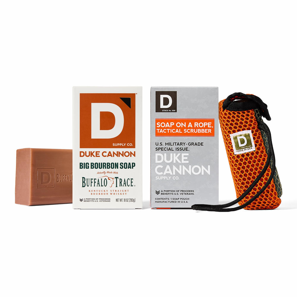 Duke Cannon Tactical Scrubber soap pouch shows rugged cleaning on the go.