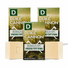 Duke Cannon Big Brick Pine soap bar close-up, showcasing rugged pine scent for a bold morning routine.