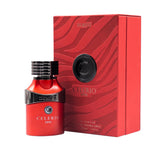 Dumont Celerio Epic bottle in bold red, showcasing premium, long-lasting fragrance.