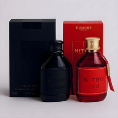 Dumont Nitro Red bottle in crimson with metallic cap offers vibrant energy for confident wear