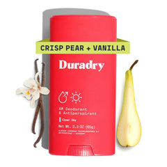 Duradry Clear Sky stick with Crisp Pear + Vanilla scent for all-day freshness.