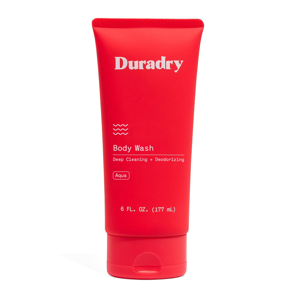Duradry deodorizing body wash bottle demonstrates all-day odor protection and refreshing cleanse.