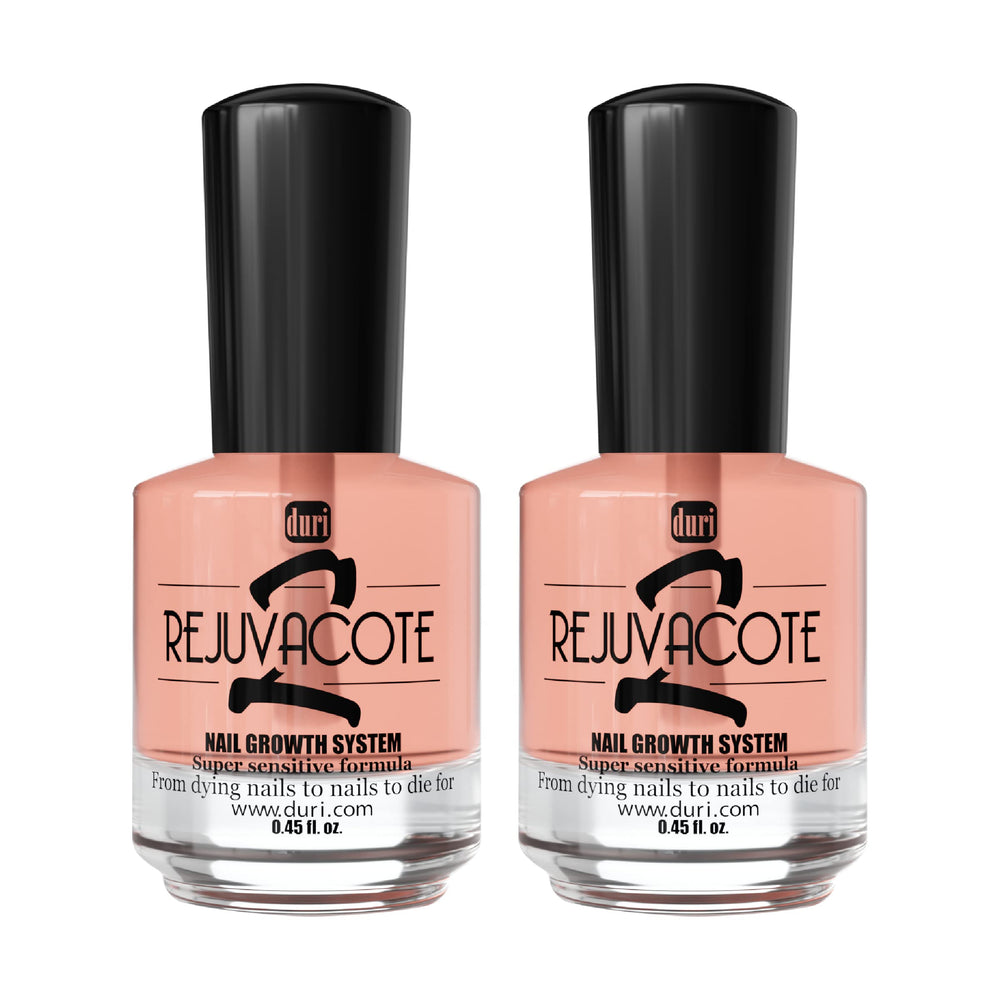 Duri Rejuvacote 2 bottle front view emphasizes sensitive formula for healthy nails.