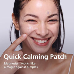 DWEasyDerm Quick Calming Patches on skin closeup showing precise pimple targeting.