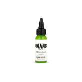 Dynamic Color Co lime green tattoo ink bottle displays vibrant pigment in sterilized packaging.