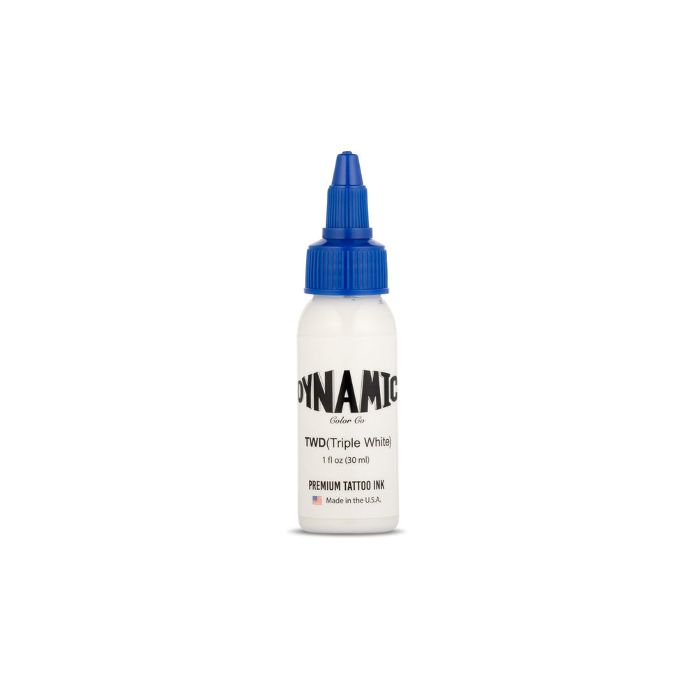 Dynamic Color Co Triple White ink bottle side view highlighting high pigment for smooth highlights