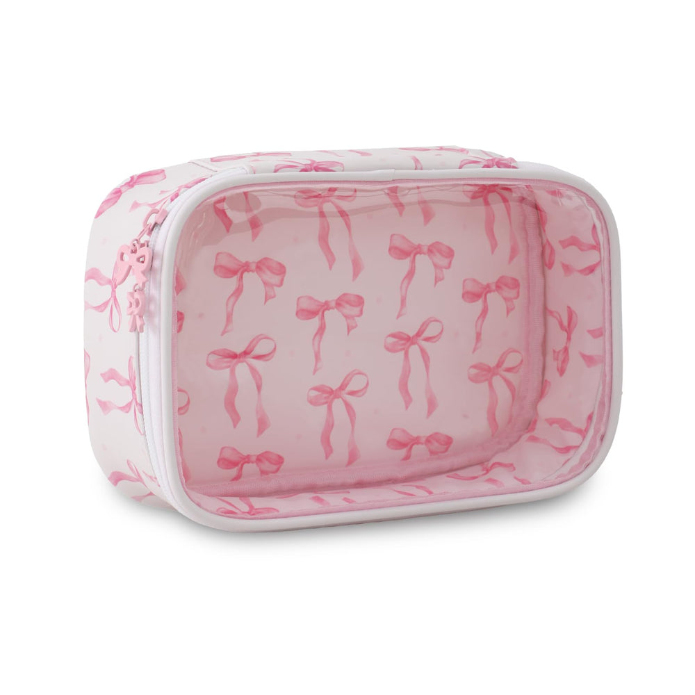 DYSHAYEN clear makeup bag with pink bow front view for easy travel checks