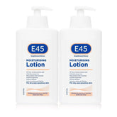 E45 Dermatological Moisturising Lotion 2-pack bottle showing smooth, fragrance-free skin relief.