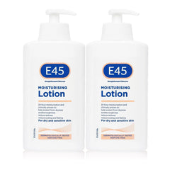 E45 Dermatological Moisturising Lotion 2-pack bottle showing smooth, fragrance-free skin relief.