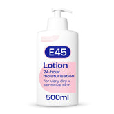 E45 Dermatological Moisturising Lotion bottle shows lightweight, non-greasy hydration for daily use.