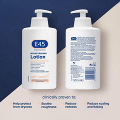 E45 lotion being massaged into forearm shows easy daily application.