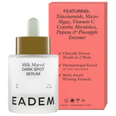 EADEM Milk Marvel bottle close-up showing premium dark spot serum for even skin tone and clarity