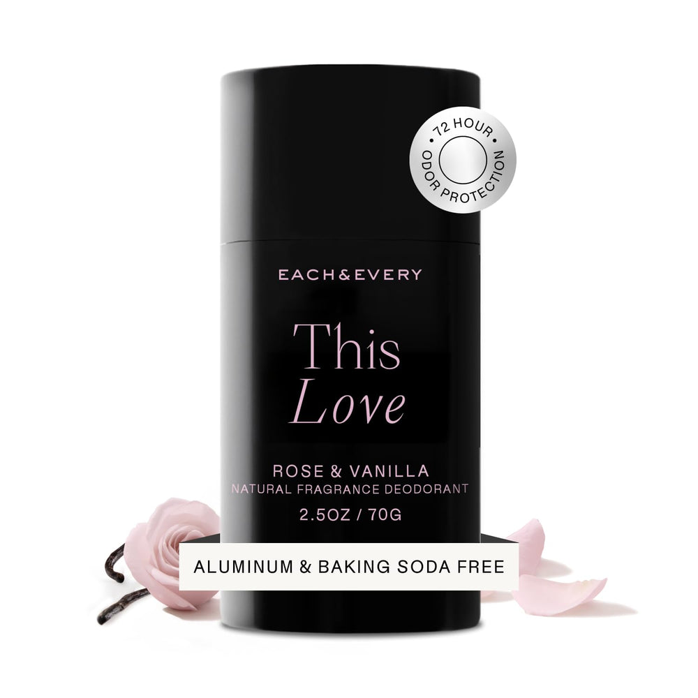 Each & Every rose-vanilla deodorant stick delivers all-day freshness with a floral scent.