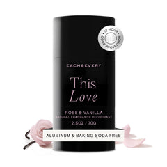 Each & Every rose-vanilla deodorant stick delivers all-day freshness with a floral scent.