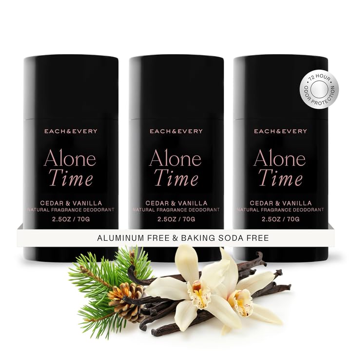 Each & Every cedar-vanilla deodorant pack front shows aluminum-free freshness.