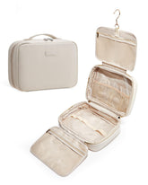 EACHY Toiletry Bag with hanging hook front view in beige for organized travel.