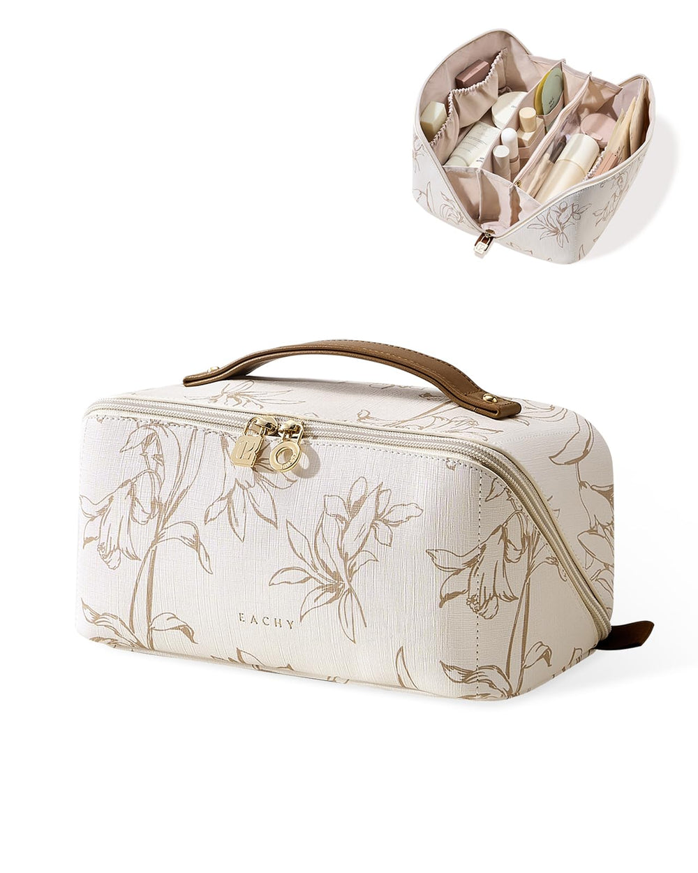 EACHY travel makeup bag beige open-flat view for quick access