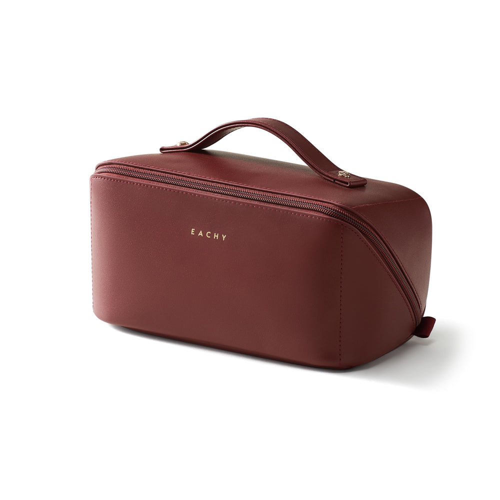 EACHY Travel Makeup Bag front view showing spacious design for organized cosmetics.