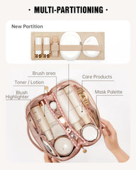 EACHY makeup bag interior pockets showcased for organized cosmetics on the go.