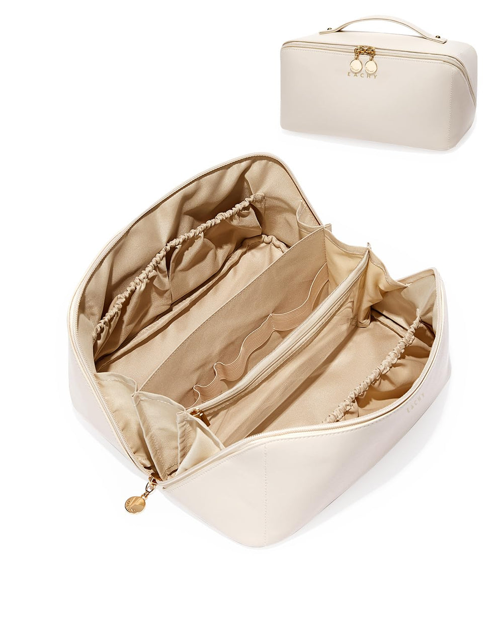 EACHY travel makeup bag open-flat view for quick access to cosmetics