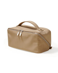 Eachy Travel Makeup Bag satin fabric closeup emphasizes luxe texture and structured silhouette.