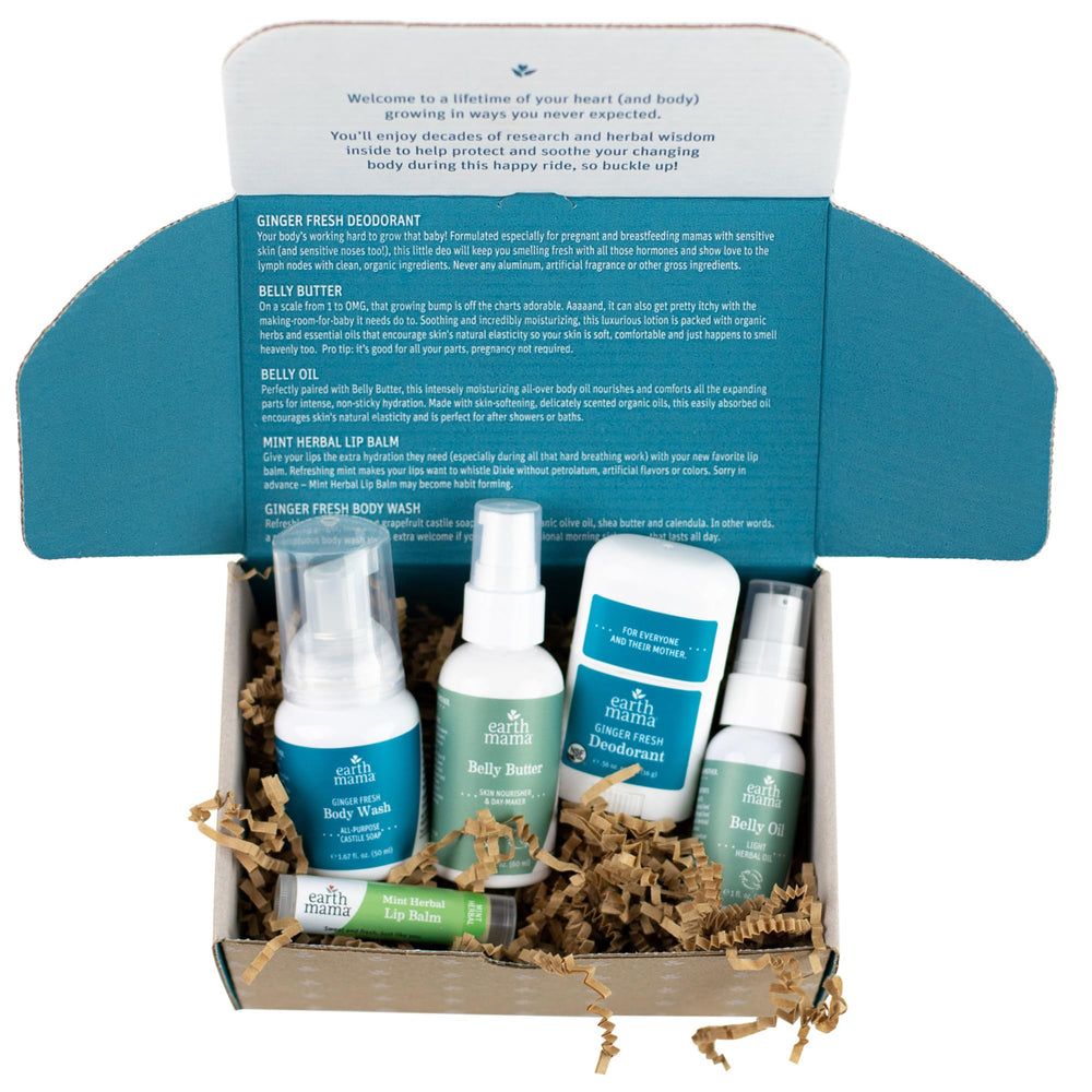 Earth Mama gift box front view, ready-to-gift for baby showers.