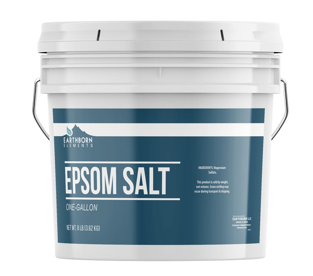 Earthborn Elements Epsom Salt bucket close-up showing resealable packaging for easy storage.