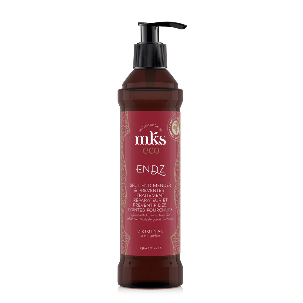 Earthly Body MKS Eco Endz original scent bottle closeup for smooth frizz-resistant ends.