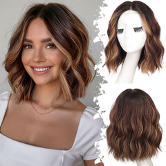 Eawwii brown-highlight short-wavy wig front view offers natural hairline for daily styling.