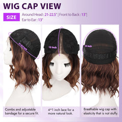 Eawwii brown-highlight short-wavy wig side view provides comfortable fit for daily wear.