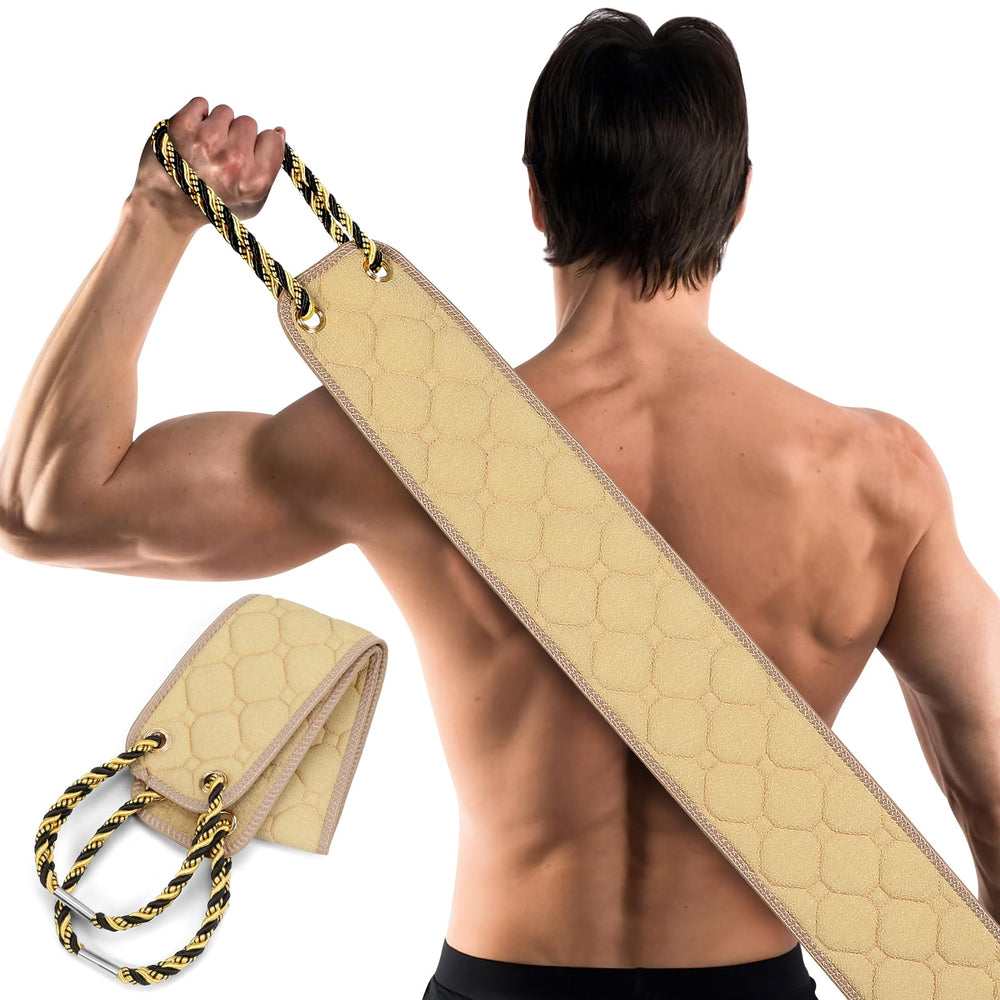 Eaxun exfoliating back scrubber with extended handle cleans hard-to-reach areas.