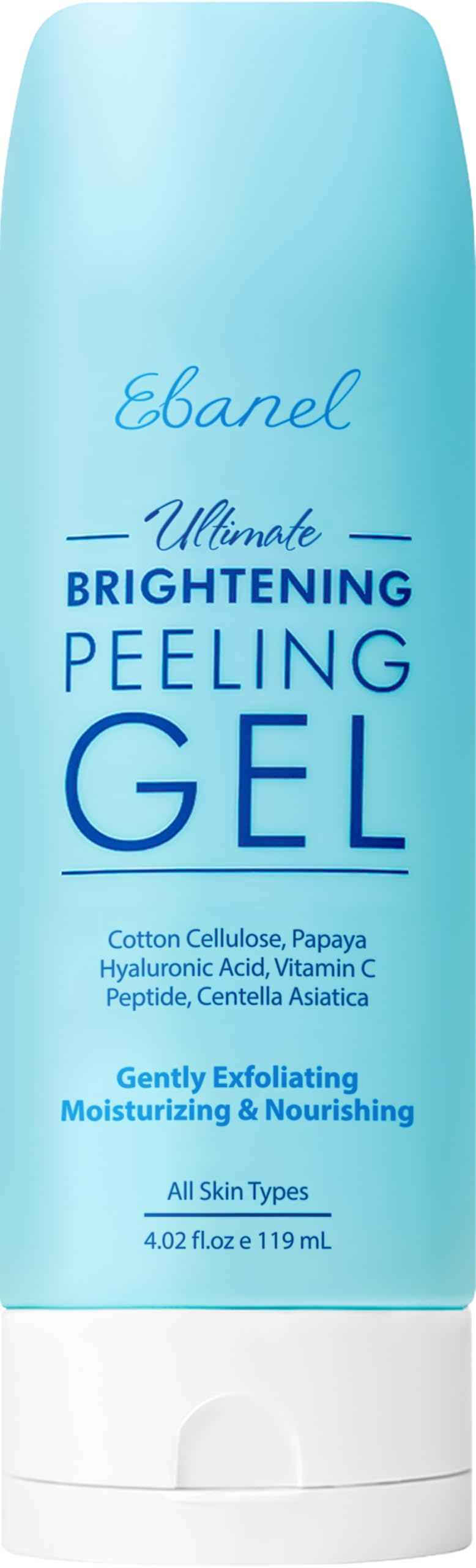 Ebanel Brightening Peeling Gel bottle closeup showing gentle exfoliation for smoother skin.
