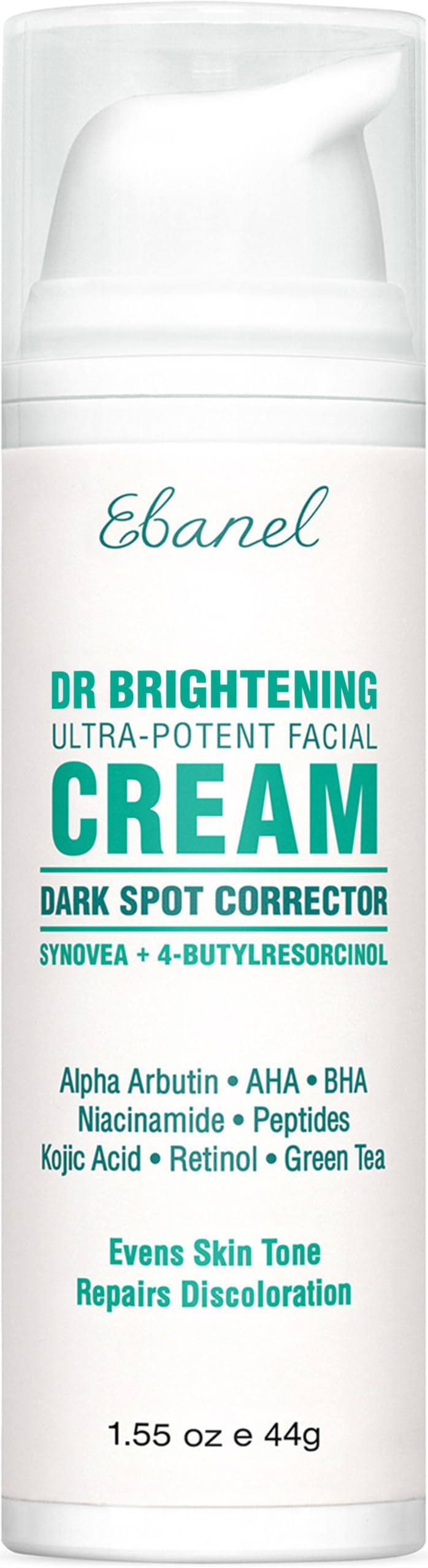 Ebanel dark-spot remover bottle closeup highlighting advanced brightening formula for even tone.