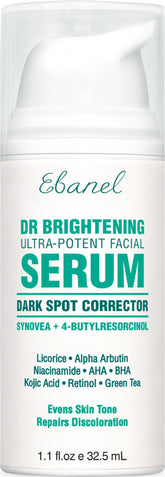 Ebanel dark spot serum bottle closeup highlights brightening formula for even tone.