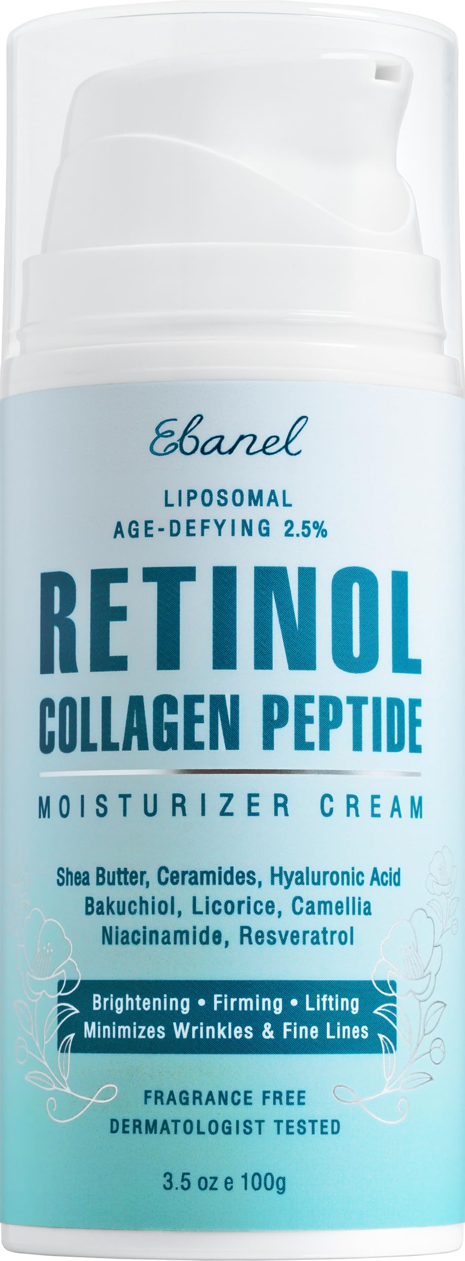 Ebanel Retinol Cream label bottle highlighting a premium anti-aging formula for smoother skin