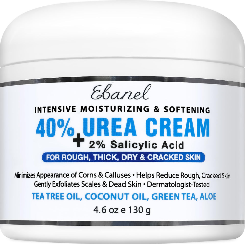 Ebanel Urea Cream bottle closeup highlighting 40% strength for dry feet.