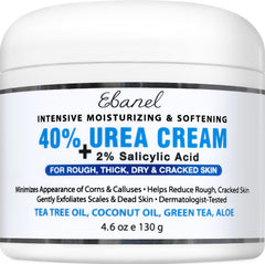 Ebanel Urea Cream bottle closeup highlighting 40% strength for dry feet.