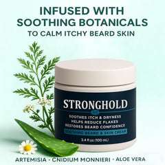 EBEHDOQ Stronghold Beard Cream packaging highlights clean, plant-based ingredients.