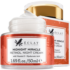 Eclat Skincare Retinol Night Cream jar closeup highlighting overnight hydration for radiant skin.